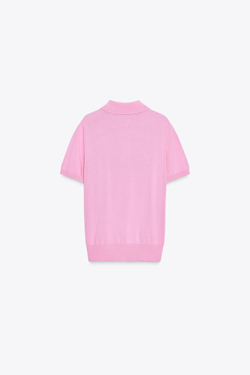 ZARA ТРИКОТАЖНЫЙ ТОП-ПОЛО С КОРОТКИМИ РУКАВАМИ, МЯГКИЙ РОЗОВЫЙ