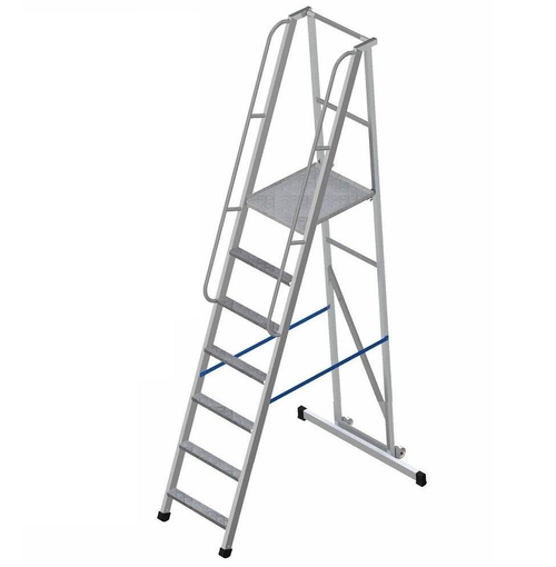 Лестница-платформа фиксированной высоты алюминиевая MEGAL ЛПФВА Н=1.8-8 пер. с трав. и шир. ступ.
