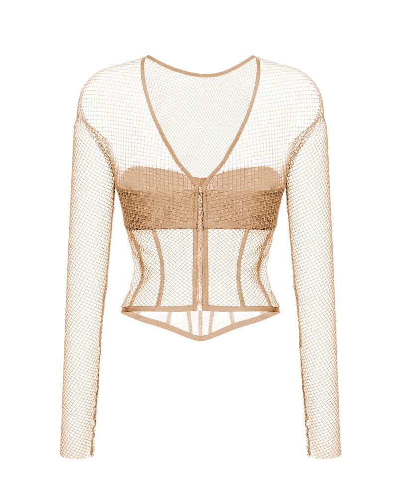 Блуза корсетного типа из сетки и крепа с длинными рукавами
