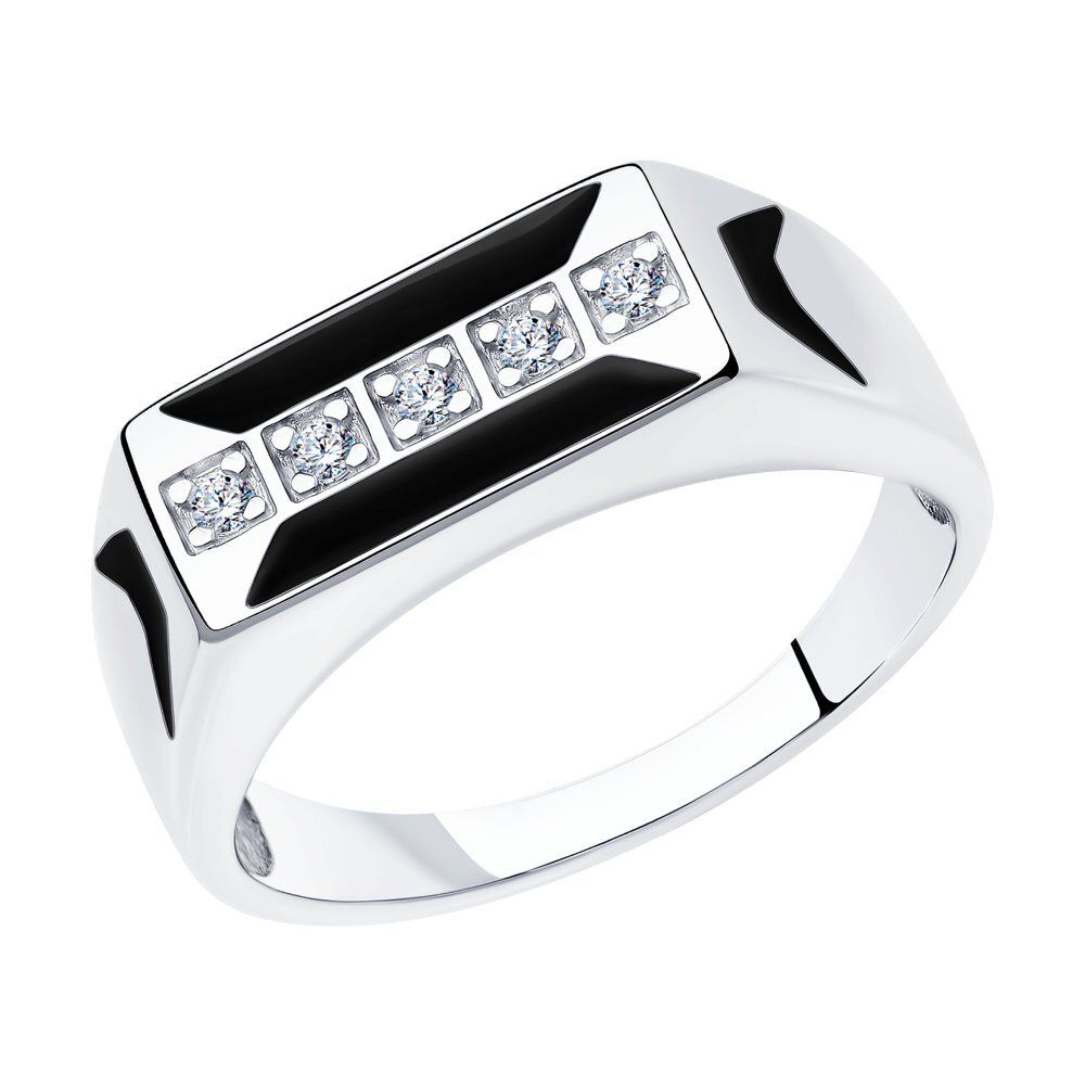 Серебряное кольцо-печатка мужское с эмалью и фианитами 19,5 размер