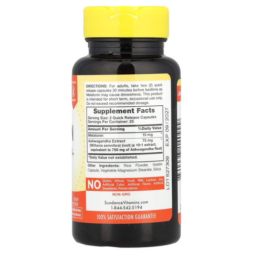 Sundance Vitamins, мелатонин для сна с ашвагандой, 50 капсул с быстрым высвобождением