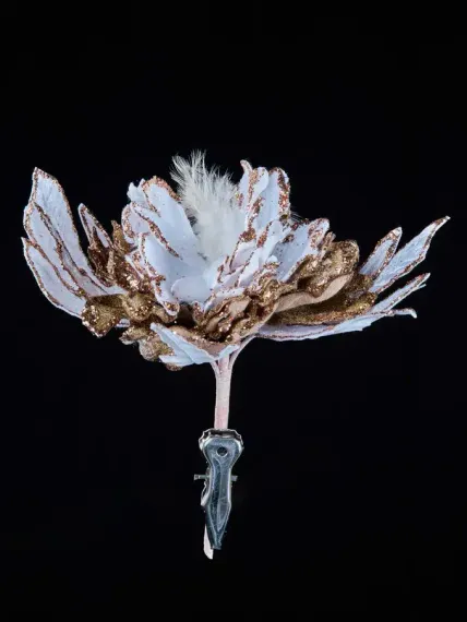 Декоративный цветок Дворцовый Пион 24х15 см., белый с коричневым, на клипсе, Christmas DeLuxe (88924)