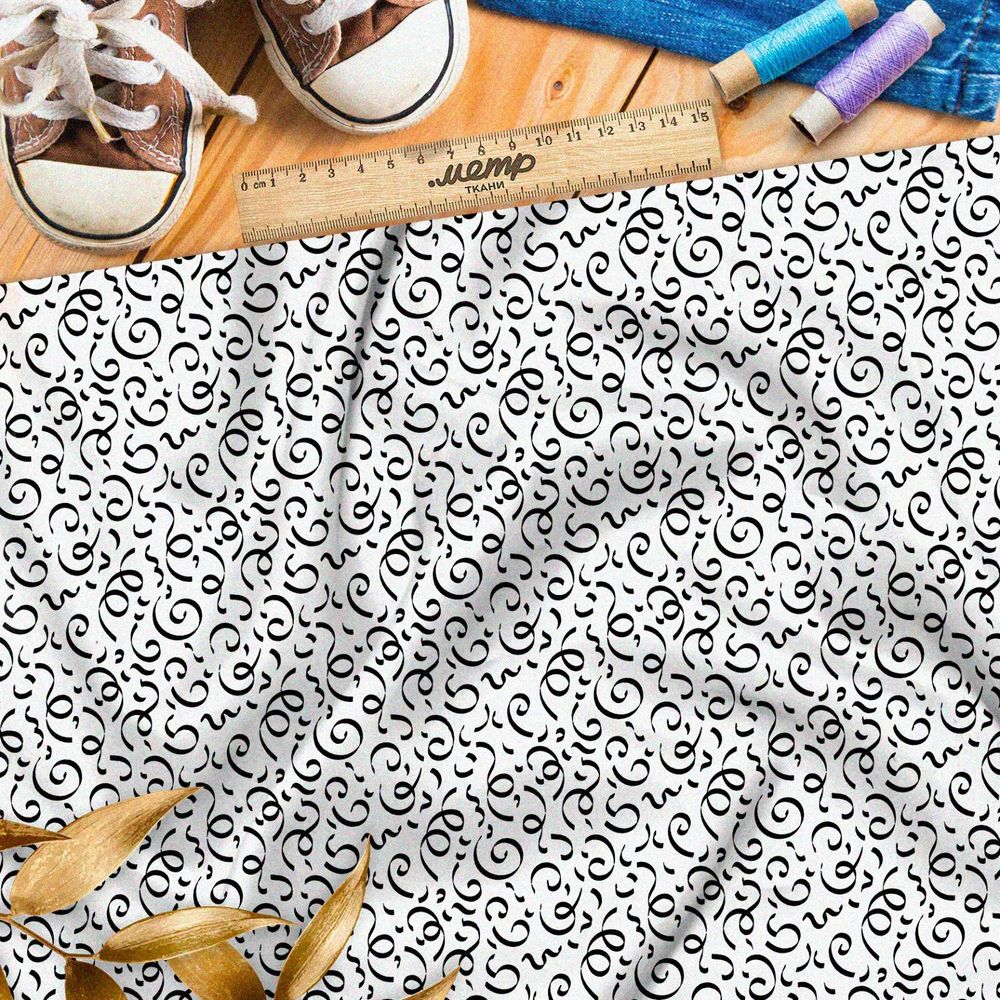 Ткань саржа мелкие каллиграфические узоры на бежевом фоне