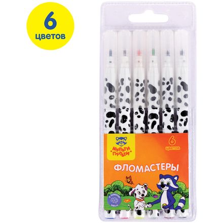 Фломастеры 6 цветов Мульти-Пульти Енот и далматинцы, смываемые, блистер