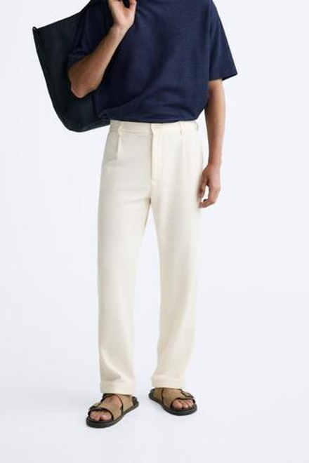 ZARA БРЮКИ ИЗ РЕЛЬЕФНОЙ ТКАНИ С ЗАЩИПАМИ, ЭКРЮ