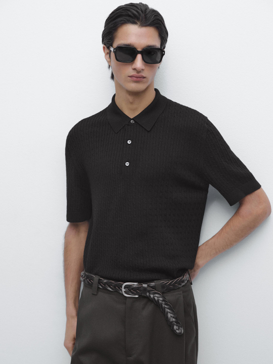 Massimo Dutti Трикотажный свитер-поло из мериносовой шерсти, черный