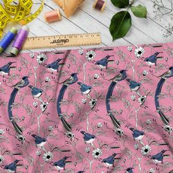 Ткань шелк Армани мелкие снегири, цветы и птичьи клетки на розовом фоне