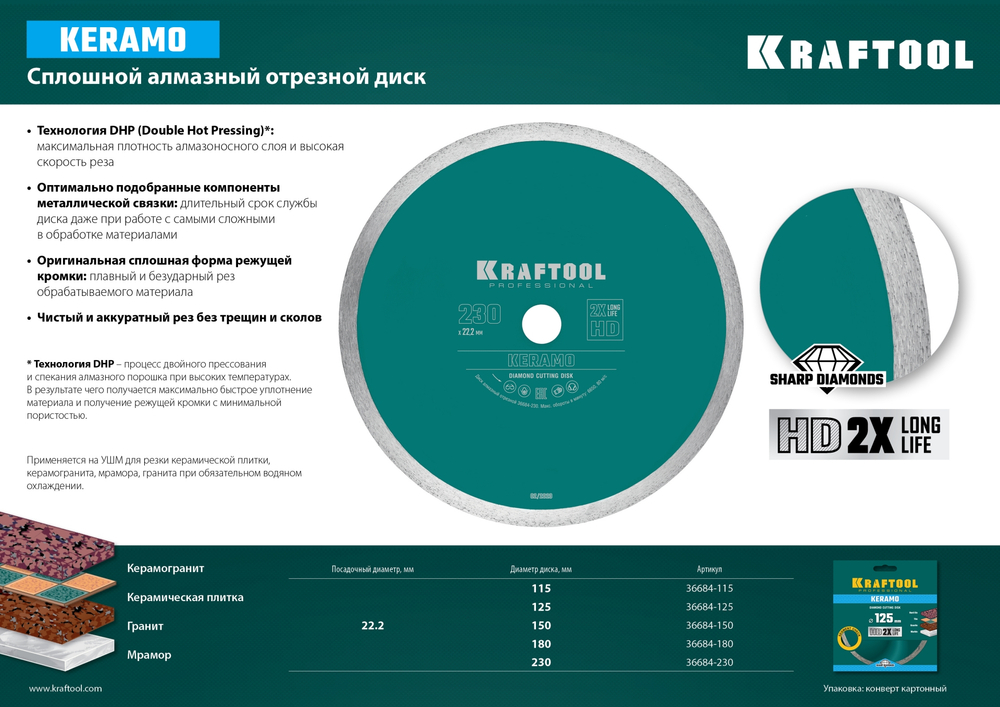 KRAFTOOL KERAMO, 150 мм, (22.2 мм, 10 х 1.8 мм), сплошной алмазный диск (36684-150)