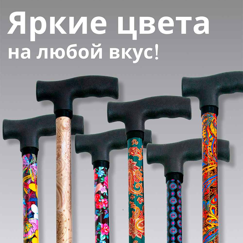 06-01-01 Трость опорная, регулируемая по высоте, без устройства противоскольжения, телескопическая с прямой пластмассовой ручкой (цветные стойки) ТР1(ПР)