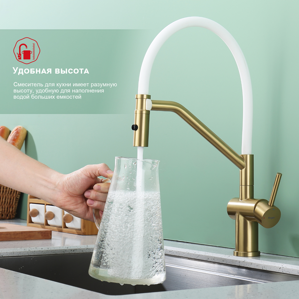 Смеситель для кухни со съемным изливом на магните Raglo R86.41.03, золотой сатин