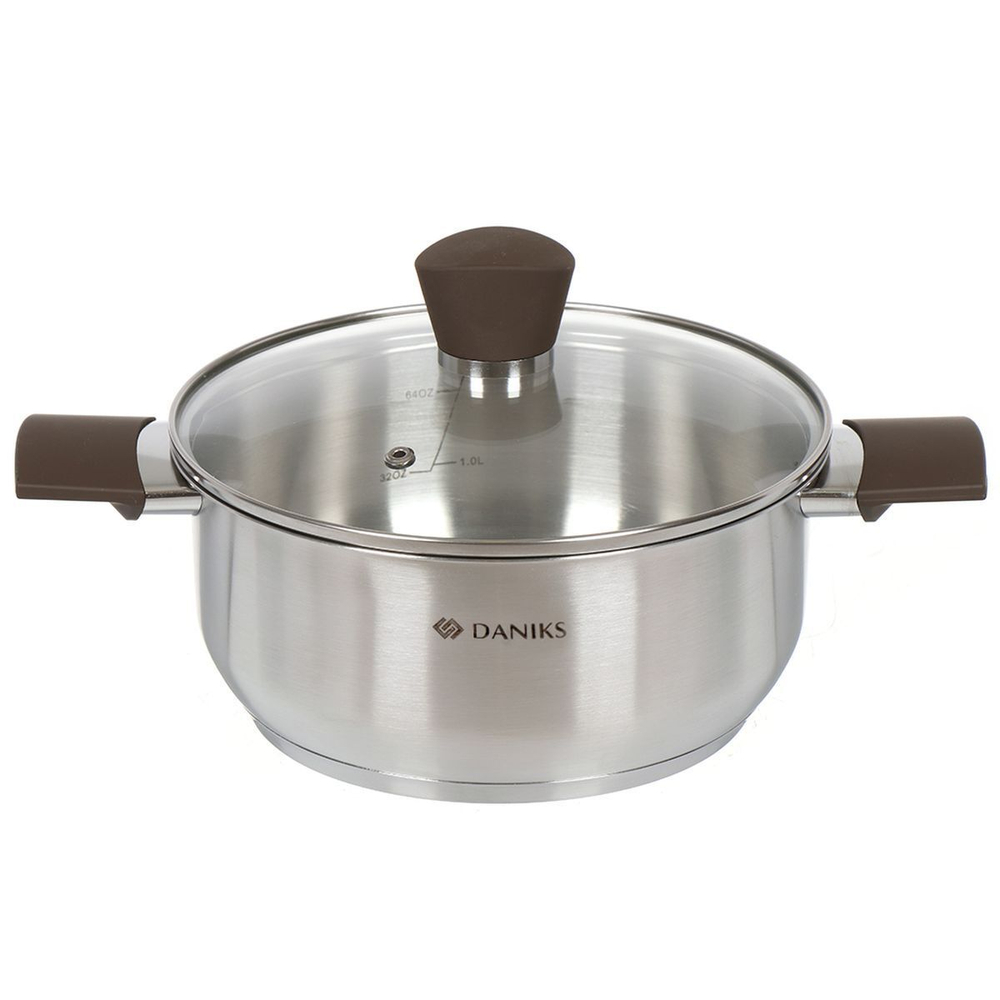 Кастрюля нерж, 2.8 л, с крыш, крышка стекло, Daniks, Savory, SD-A95-20, серебр, индукц