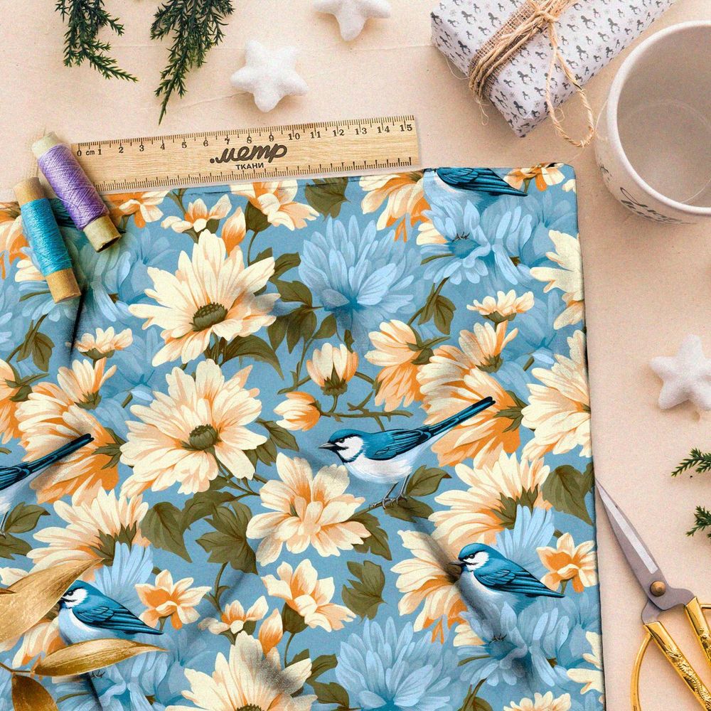 Ткань премиум интерлок птицы в цветах