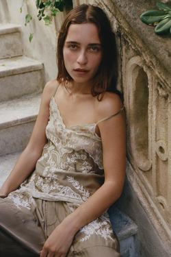 ZARA ТОП В БЕЛЬЕВОМ СТИЛЕ С КРУЖЕВОМ И БУСИНАМИ, ЗЕЛЕНОВАТЫЙ