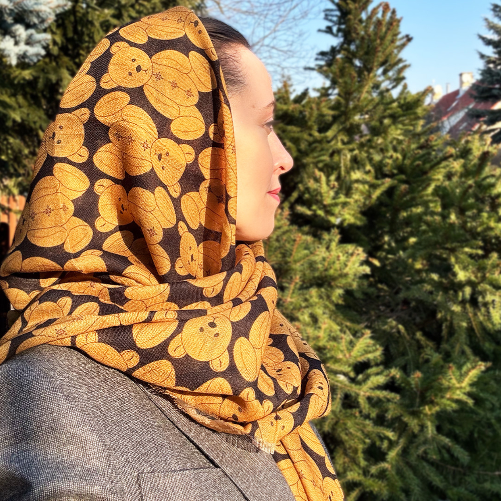 Шаль 120*120см, ТЭДДИ на чёрном