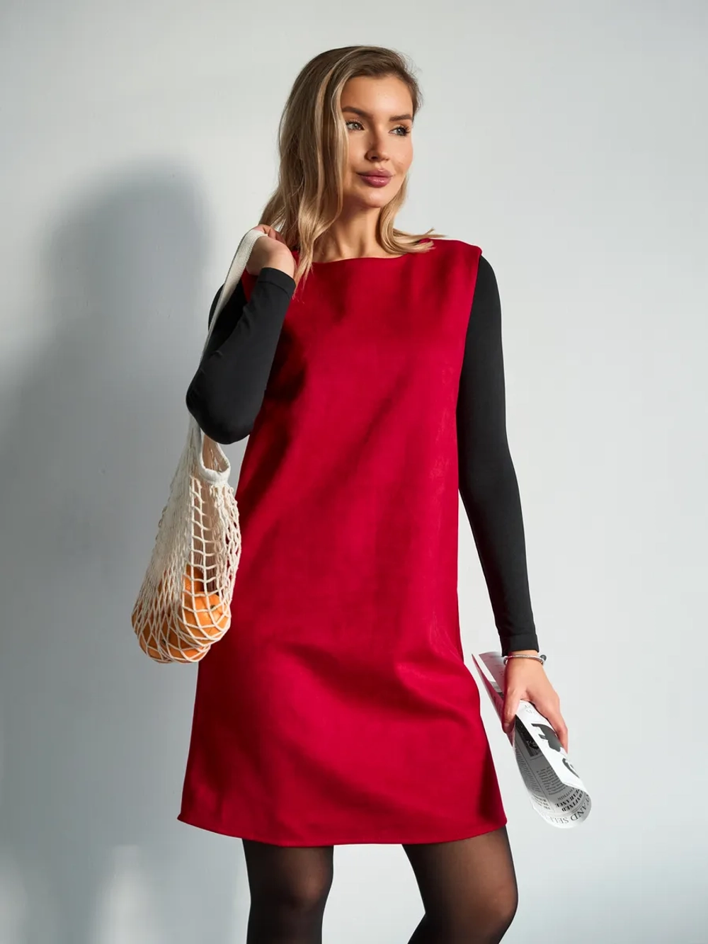 Платье сарафан офисное замшевое А силуэт с лампасами