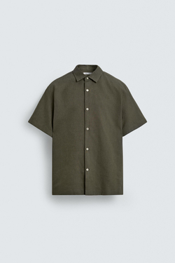 ZARA РУБАШКА ИЗ ЛЬНА И ХЛОПКА, ТЕМНО-ОЛИВКОВЫЙ