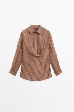 Massimo Dutti Рубашка из 100% льна в полоску с запахом, коричневый