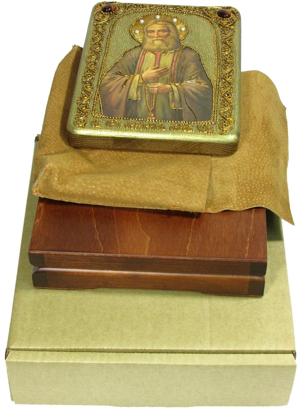 Подарочная икона "Преподобный Серафим Саровский чудотворец" на мореном дубе, 20х15см