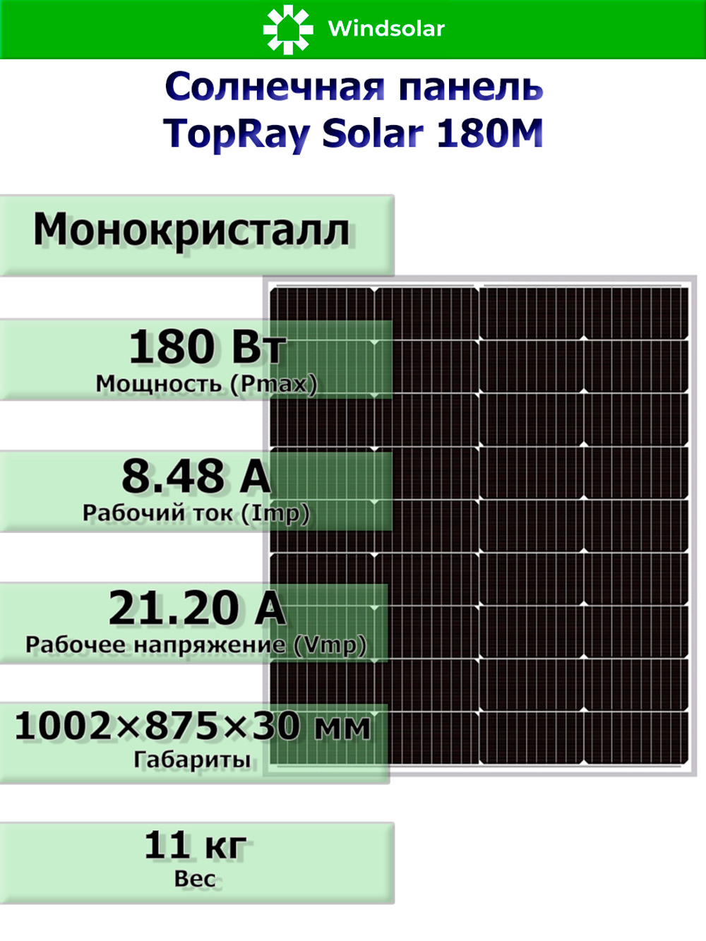 Солнечная панель TopRay Solar 180М (180W / 12V / Mono)