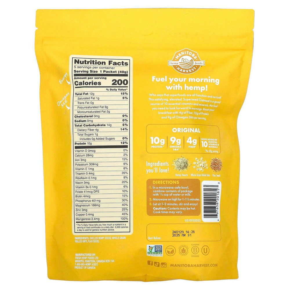Manitoba Harvest, Овсянка быстрого приготовления, оригинальная, 5 пакетиков по 40 г (1,41 унции)