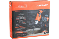 Дрель-шуруповерт сетевая PATRIOT FS 303, 2 скор., мощность 330Вт, макс. крутящий момент 25 Нм,  быстрозажимной патрон