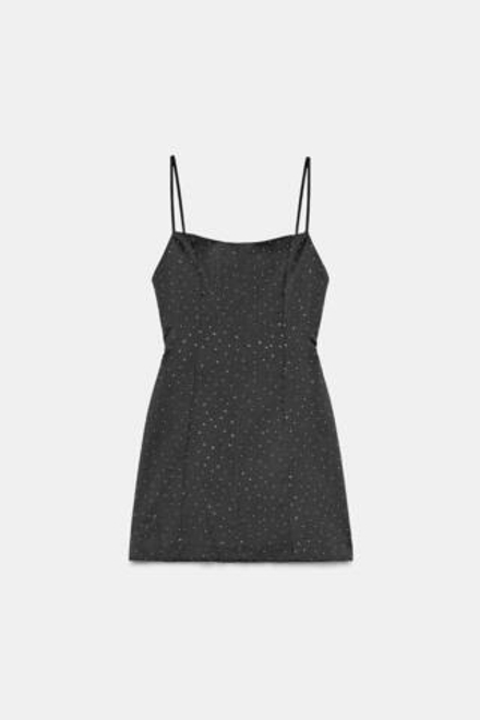 ZARA КОРОТКОЕ АТЛАСНОЕ ПЛАТЬЕ СО СТРАЗАМИ, ЧЕРНЫЙ