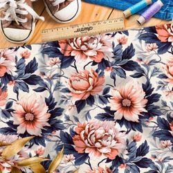 Ткань Ниагара Софт пионы на синих листьях