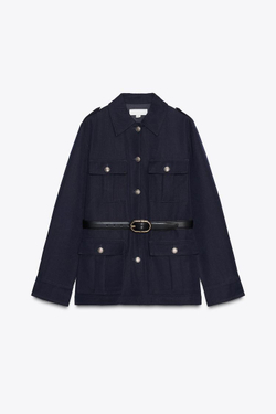 ZARA КУРТКА С ПОЯСОМ И НАКЛАДНЫМИ КАРМАНАМИ, МОРСКОЙ СИНИЙ