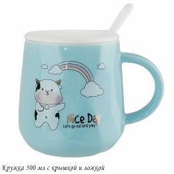 Lenardi 315-054 Детская кружка 420мл с крышкой и ложкой в под.уп. (х36)Фарфор