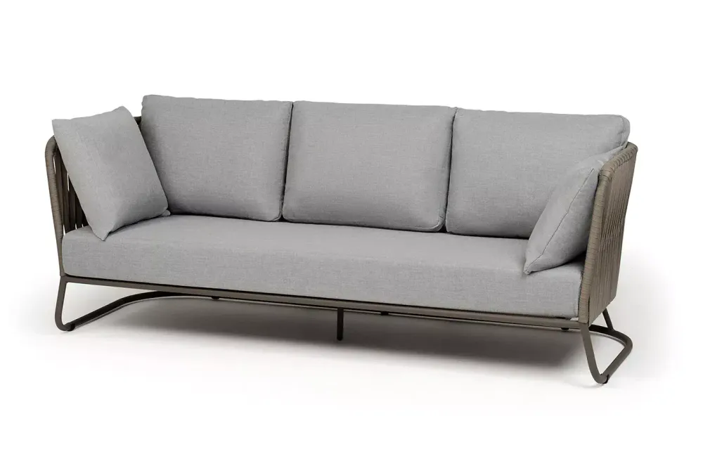 "Багамы" диван 3-местный плетеный из роупа, каркас алюминий бежево-серый (RAL7006) муар, роуп серо-коричневый 23мм, ткань светло-серая