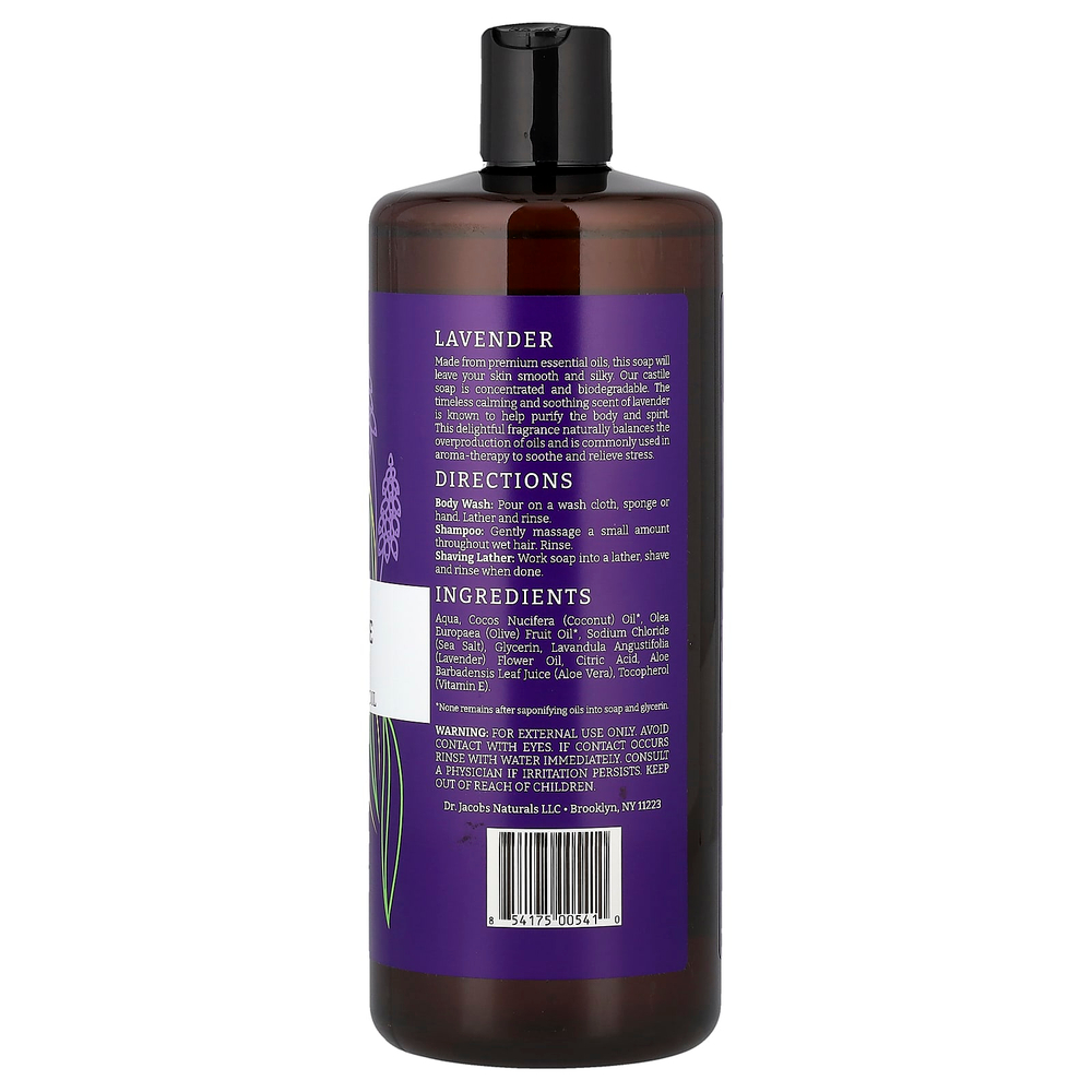 Dr. Jacobs Naturals, кастильский гель для душа на растительной основе, эфирное масло лаванды, 946 мл (32 унции)