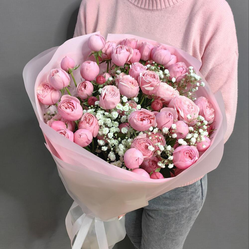 Букет из 9 кустовых пионовидных роз сорта "Силва Пинк"