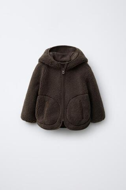 ZARA КУРТКА ИЗ ИСКУССТВЕННОЙ ОВЧИНЫ С КАПЮШОНОМ, ТЕМНО-КОРИЧНЕВЫЙ