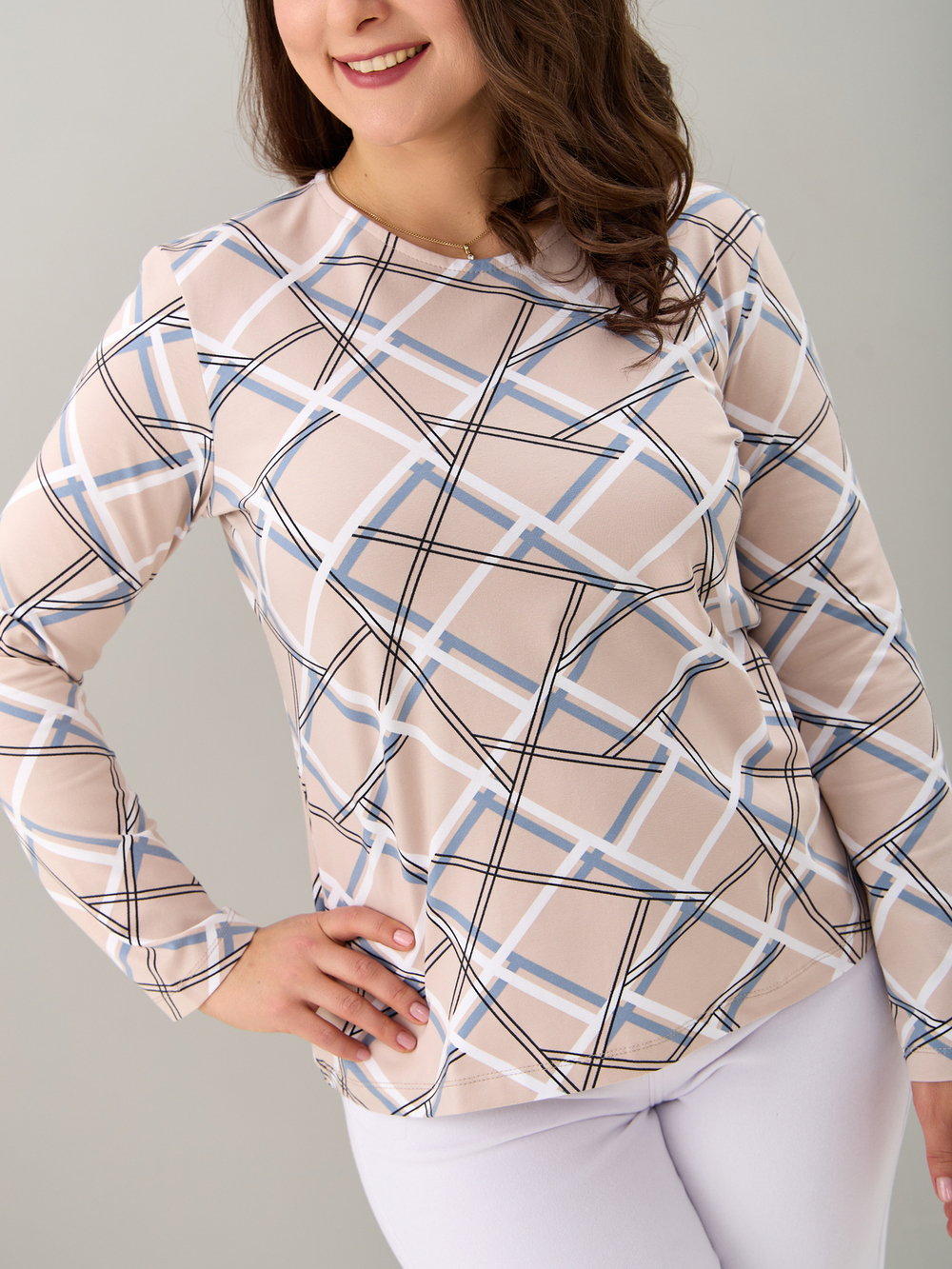 Лонгслив ЛНкл-081/бежевый-абстракциялинии