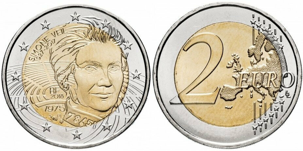 Франция 2 евро, 2018 Симона Вейль aUNC