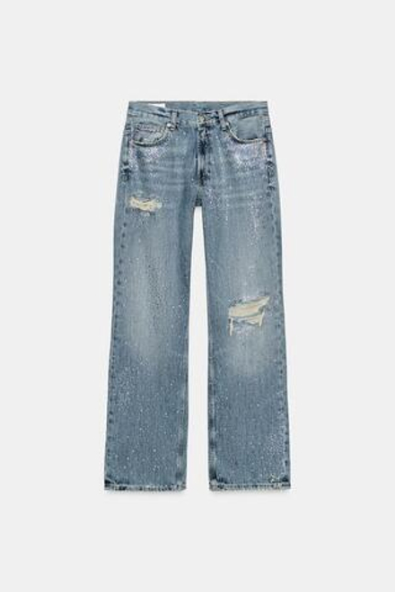 ZARA ДЖИНСЫ TRF WIDE-LEG С НИЗКОЙ ПОСАДКОЙ, РАЗРЕЗАМИ И СТРАЗАМИ, СИНИЙ
