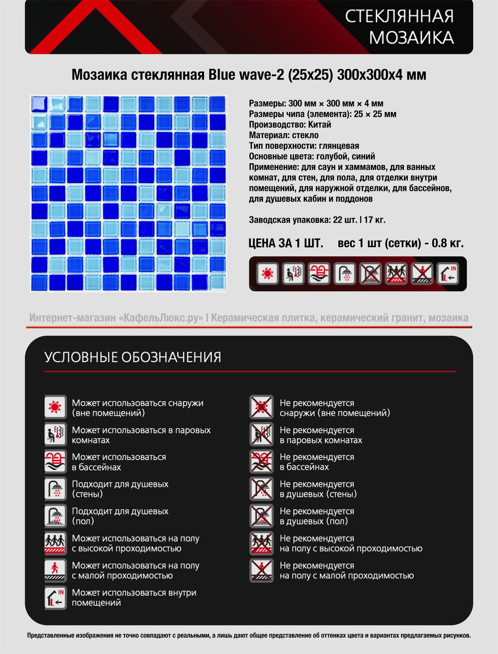 Мозаика стеклянная Blue wave-2/Голубая волна-2 (25х25) 300х300х4 мм (шт)