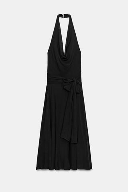 ZARA ПЛАТЬЕ МИДИ ХАЛТЕР ИЗ ШИФОНА С ПОЯСОМ, ЧЕРНЫЙ