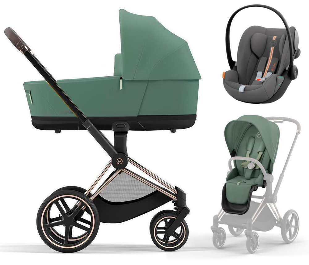 Коляска 3 в 1 Cybex Priam IV Rosegold и автокресло Cloud G i-Size Lava Grey Plus Leaf Green