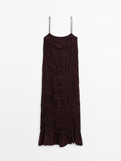 Massimo Dutti Длинное платье из струящейся смесовой льняной ткани, бордо