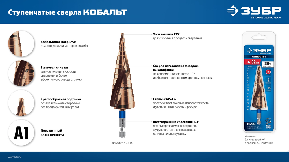 ЗУБР КОБАЛЬТ 4-20мм, 9 ступеней, винтовая проточка, сверло ступенчатое, серия Профессионал(29674-4-20-9)