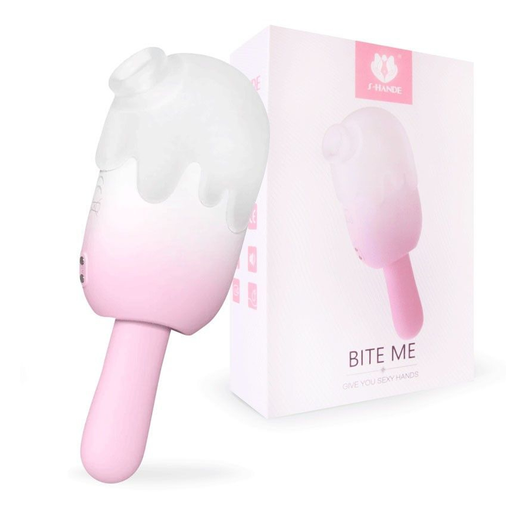 Нежно-розовый клиторальный вибромассажер Bite Me - 14,8 см. (Цвет: белый с розовым)