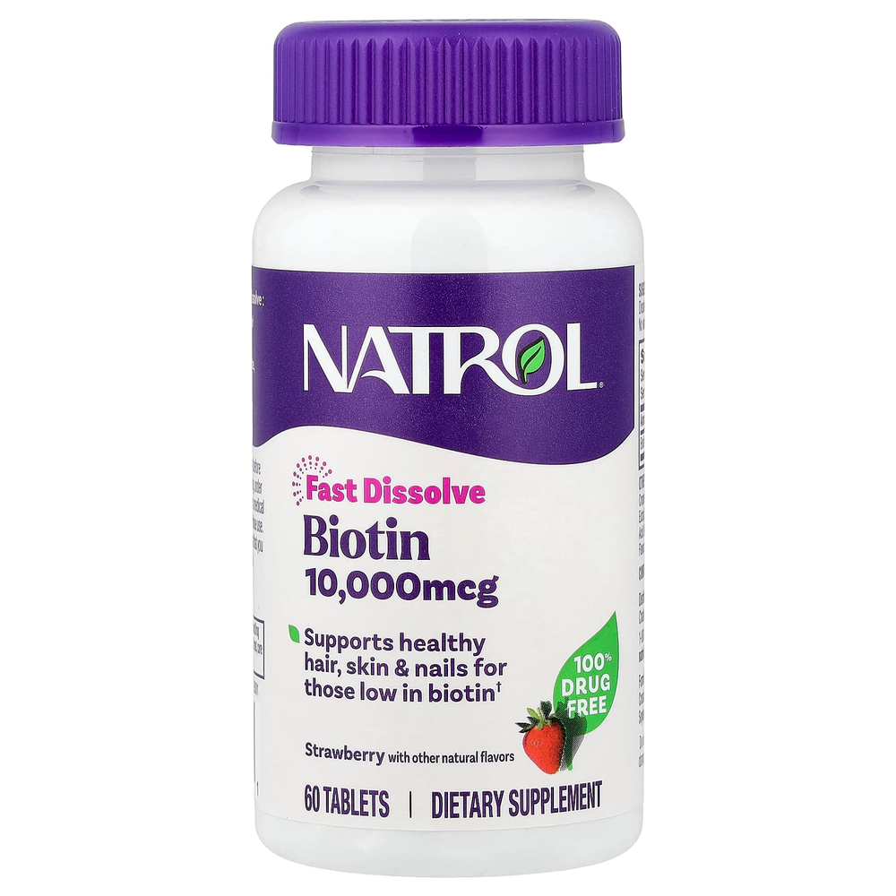 Natrol, биотин, быстрорастворимые таблетки, клубника, 10 000 мкг, 60 таблеток