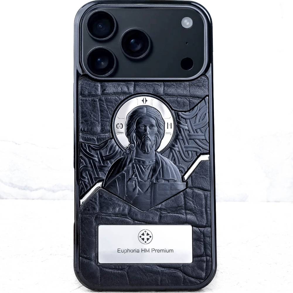 Премиум чехол для iPhone из натуральной кожи Euphoria HM Premium аксессуар из Православной коллекции с изображением Иисуса Христа.