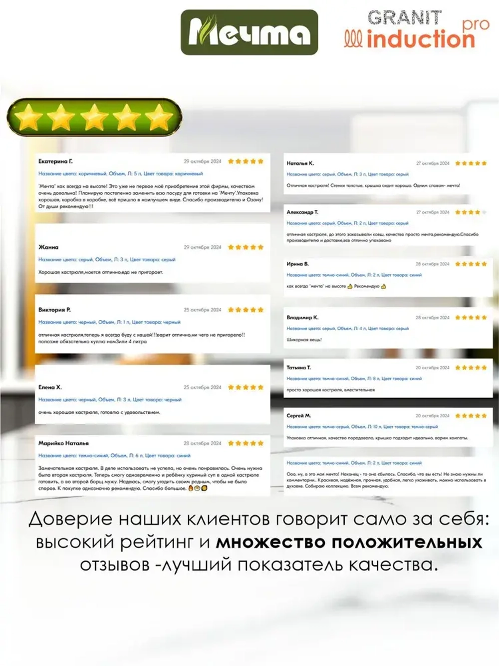 Кастрюля индукционная "Мечта" Гранит с крышкой от 2л до 5 л