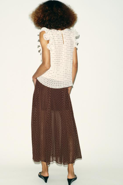 ZARA ЮБКА МИДИ В ГОРОШЕК, КОРИЧНЕВЫЙ/ЭКРЮ