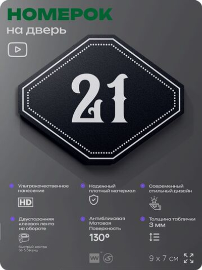 Номерок на дверь квартиры 21, для кабинета, офиса, шильдик 9 х 7 см, черный, Айдентика Технолоджи