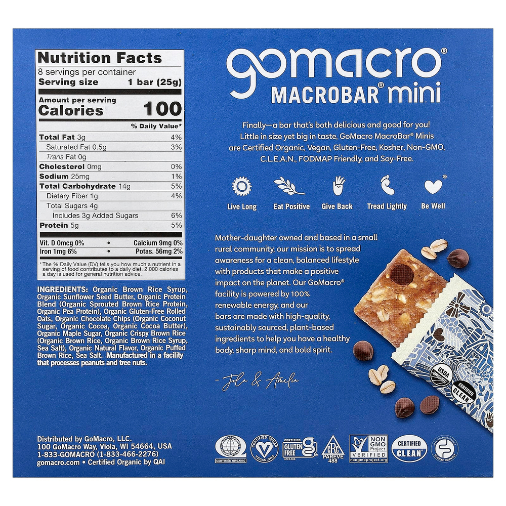 GoMacro, MacroBar® мини, овсянка с шоколадной крошкой, 8 батончиков по 25 г (0,9 унции)