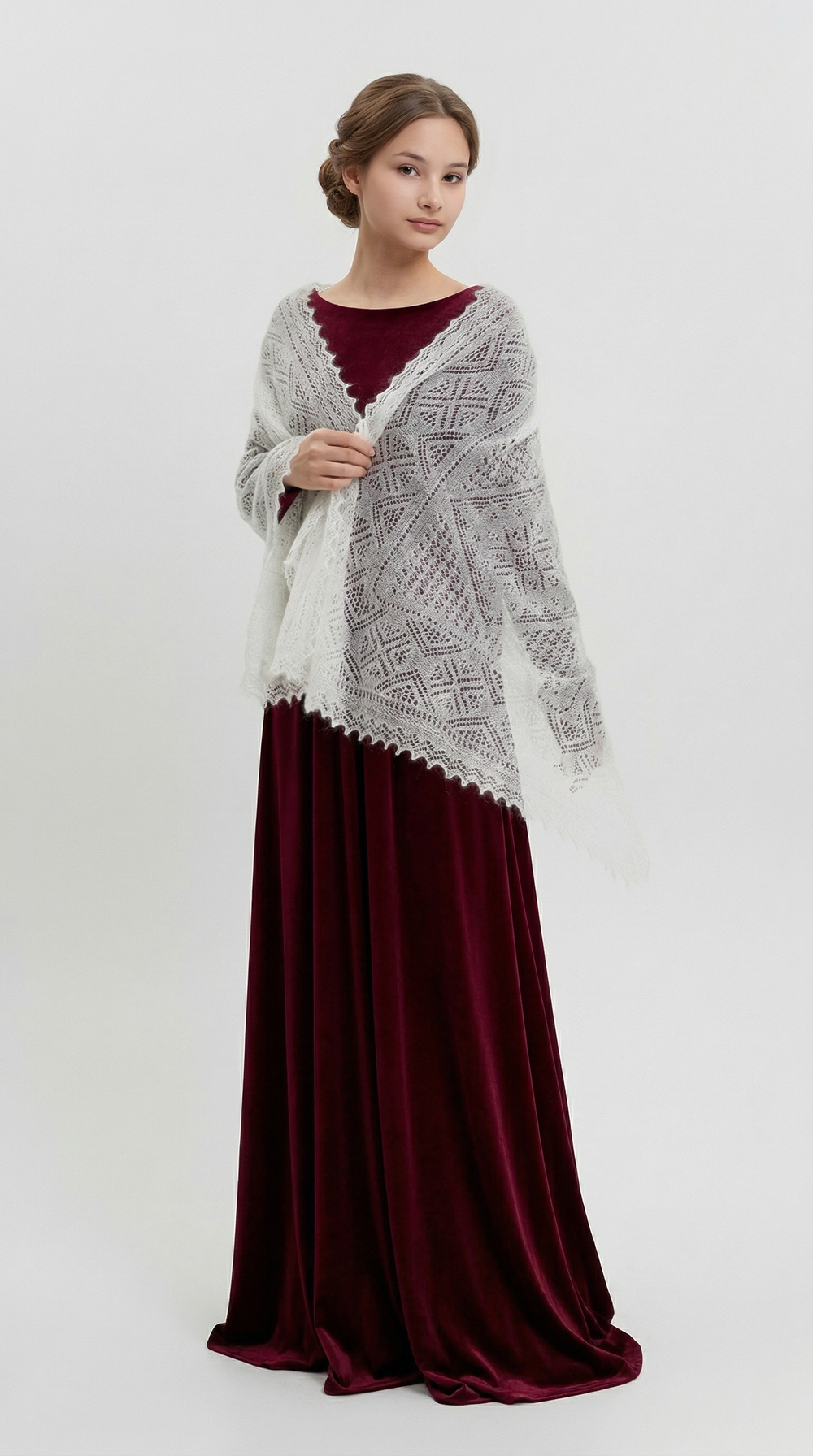 Оренбургский пуховый палантин А16070-02 экрю