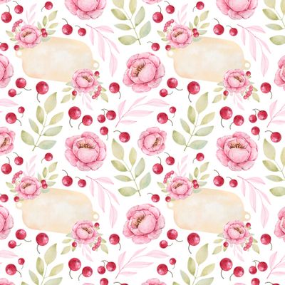 Beautiful seamless pattern with watercolor elements of delicate peonies, bright berries, paper label and different branches for design. Fully hand-drawn in high definition